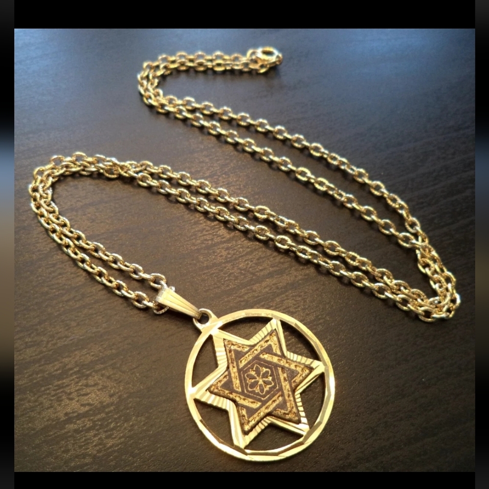 STUNNING VINTAGE ESTATE SPANISH DAMASCENE STAR GOLD TONE 24" NECKLACE